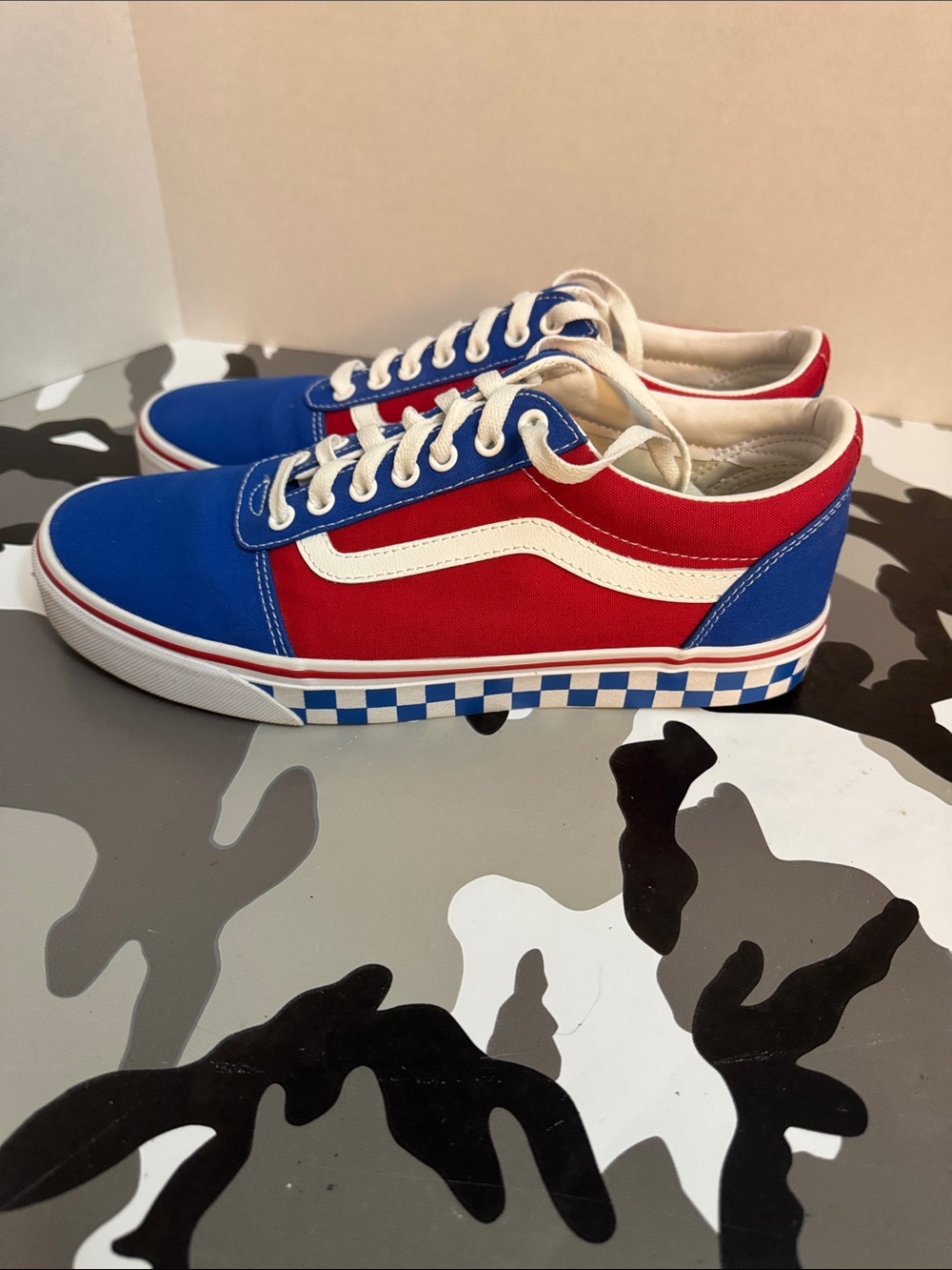 Vans Red and Blue Low-Top Skate Sneakers with Checkerboard Midsole
